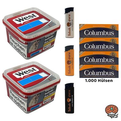 West Red Tabak/Volumentabak Giga Box 2x 160g, Columbus Hülsen, Feuerzeuge