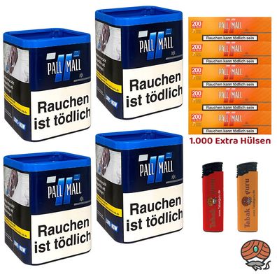 Pall Mall Blue / Blau Tabak L Dose 4x 43g, Allround Hülsen, Feuerzeuge