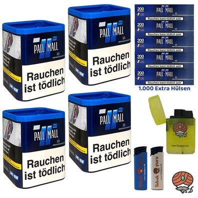 Pall Mall Blue/Blau Tabak L Dose 4x 43g, 1000 Xtra Hülsen, 3 Feuerzeuge