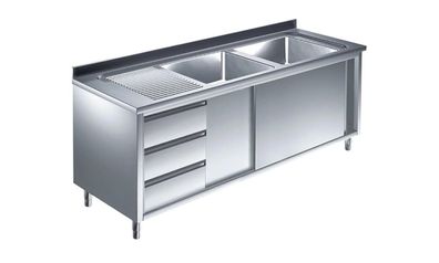 Gastronomie Hotel Küche Spülschrank mit Schubladenblock l, 2 Becken rechts, Bautie