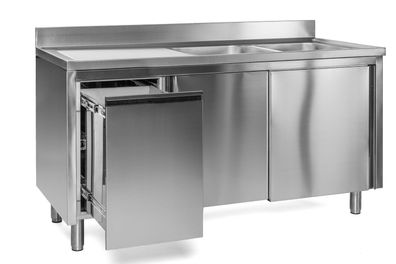 Gastronomie Hotel Küche Spülschrank mit Abfallbehälter, 2 Becken rechts, Bautiefe
