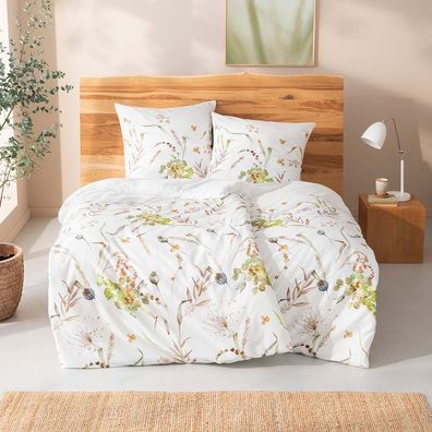 Estella Bio Mako Satin Bettwäsche 155x220 Rita grün Gräser Halme 3415-530