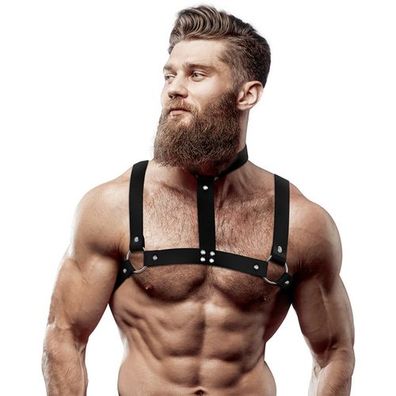 FETISH Submissive – Verstellbarer Brustgurt aus Kunstleder mit Halsband für Männer