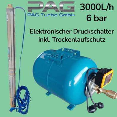 50L Hauswasserwerk 3" Tiefbrunnenpumpe 6bar - 3000L/h elektronischer Druckschalter