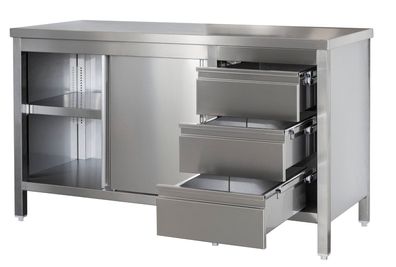 Gastronomie Hotel Küche Edelstahl Arbeitsschrank mit Schubladenblock rechts. Türen