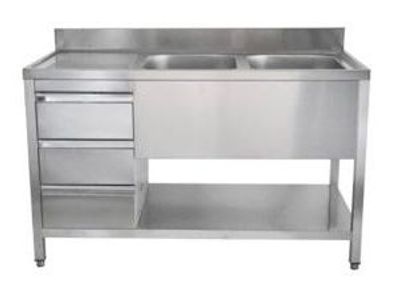 Gastronomie Hotel Küche Spültisch mit Schubladenblock, 2 Becken rechts, Bautiefe