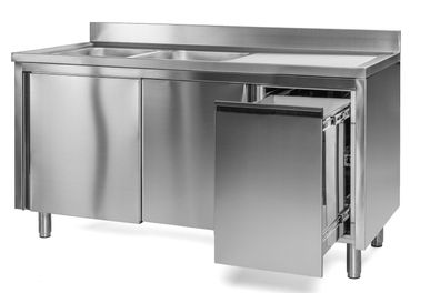 Gastronomie Hotel Küche Spülschrank mit Abfallbehälter, 2 Becken links, Bautiefe