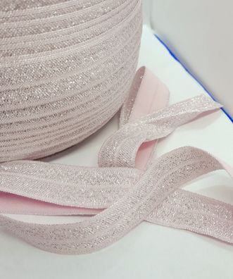 1m x 20mm Falzgummi elastisch Satinglanz Farbe Rosa Kühl mit Silber Glitzereffekt