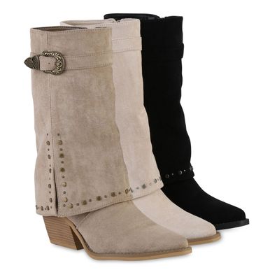 VAN HILL Damen Cowboystiefel Stiefel Spitze Nieten Holzoptikabsatz Schuhe 841523