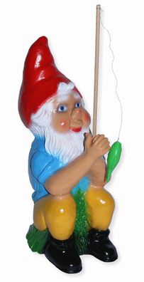 Gartenzwerg Deko Garten Figur Zwerg Angler sitzend mit Angelrute und Fisch H 38 cm