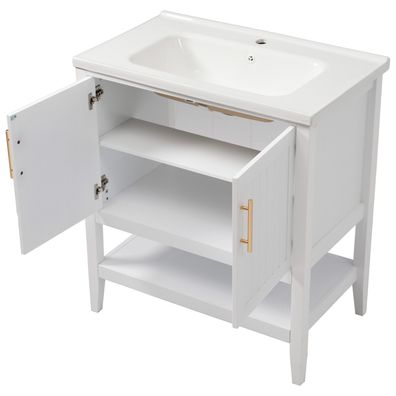 Badmöbel Einzel Waschtisch mit Unterschrank 80cm mit Keramik-Waschbecken, eiß
