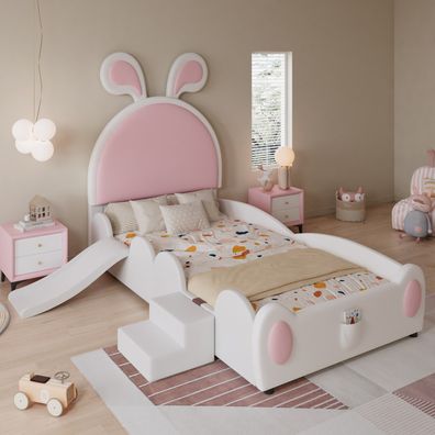Kinderbett 90x200cm Weiß + Rosa mit Rutsche, Treppe und Hasenohren, Polsterbett PU