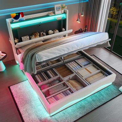 Polsterbett 160x200cm mit LED-Kopfteil, USB, Stauraum und Lattenrost mit Gasdruck