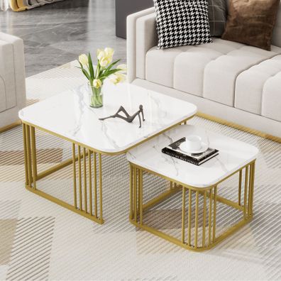2er Set Couchtische in Marmoroptik, schiebbar, goldene Beine, 70x70/50x50 cm