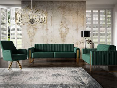 Sofaset Designersofas Valerie 3-2-1 in Stoff Stoff Elisa Velvet Flaschengrün