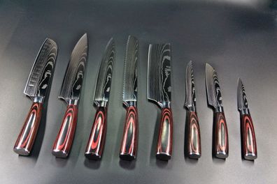 Edelstahlmesser Set mit Damastmuster | 8 Küchenmesser | Pakkaholz-Griff