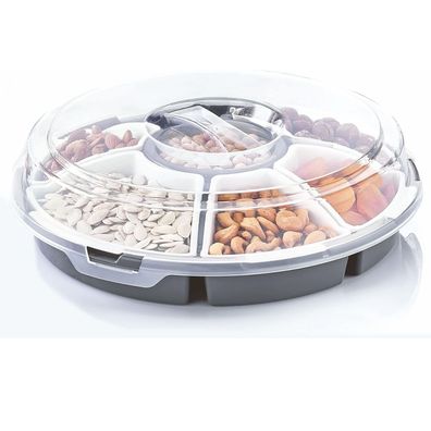 Runde Servierplatte Servierset Snackschale 6 Fächer Deckel Griff Ø33xH9cm