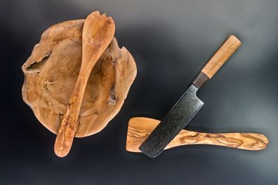 Damast - Nakirimesser | Handgefertigt - rasiermesserscharf | Griff aus Olivenholz