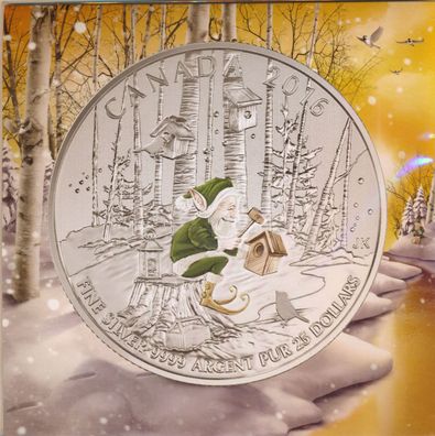 Kanada 25 Dollar 2015 Weihnachtsausgabe Farbmünze im Umschlag Silber*