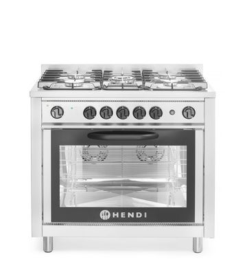 Gastronomie Hendi Gasherd mit 5 Brenner und Ofen 2700W Glastüre aus Edelstahl