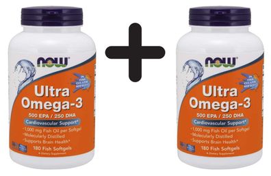 2 x NOW Foods Ultra Omega-3 (Fish Gelatin) - 180 fish softgels