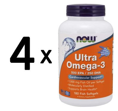 4 x NOW Foods Ultra Omega-3 (Fish Gelatin) - 180 fish softgels