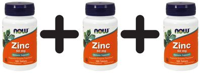 3 x NOW Foods Zinc, 50mg - 100 tabs