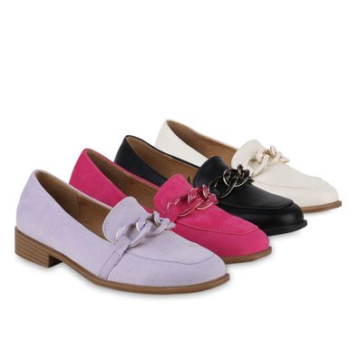 VAN HILL Damen Loafers Slippers Ketten Holzoptikabsatz Schlupf-Schuhe