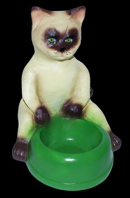Deko Figur Dekofigur Tierfigur Katze Siamkatze mit grünem Fressnapf Trinknapf H 29 cm