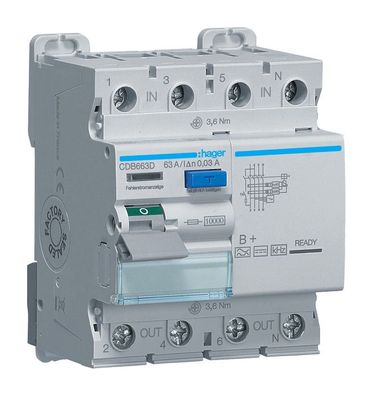 1St. Hager CDB663D Fehlerstromschutzschalter 4 polig 10kA 63A 30mA Typ B