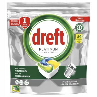 Dreft Platinum All-in-One Geschirrspülerkapseln, Zitronenduft, 34 Stück