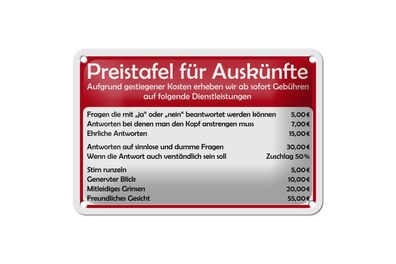 Blechschild 18 x 12 cm Preistafel für Auskünfte