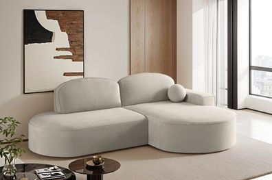 Ecksofa mit Schlaffunktion und Bettkasten Modena Runden Velours Hellgrau Rechts