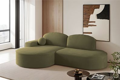 Ecksofa mit Schlaffunktion und Bettkasten Modena Runden Velours Olive Links