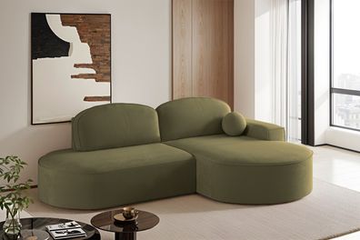 Ecksofa mit Schlaffunktion und Bettkasten Modena Runden Velours Olive Rechts