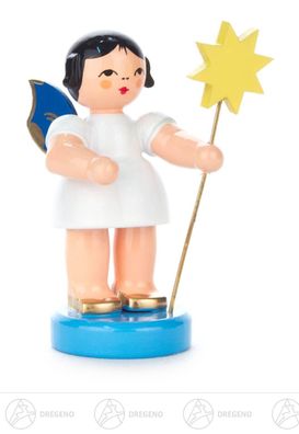 Engel mit Stern stehend, blaue Flügel H=ca 5,5 cm NEU Erzgebirge Weihnachtsfigur Hol