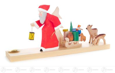 Schnitzerei Weihnachtsmann mit Schlitten und Rehen, eschnitz BxHxT 25cmx12cmx5cm
