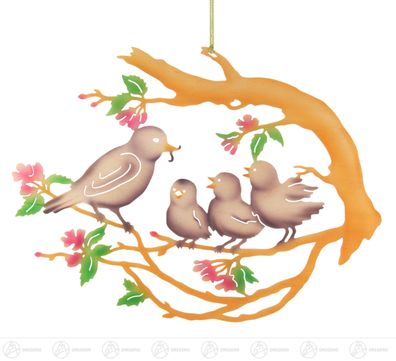 Fensterschmuck Fensterbild Vogelfamilie auf Baum, farbig B= x H=ca 34 cmx28 cm