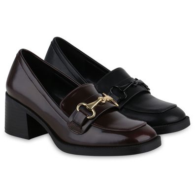 VAN HILL Damen Klassische Pumps Eckige Holzoptikabsatz Leder-Optik Schuh