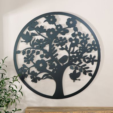 Gilde Wandrelief, rund, "Blütezeit", Baummotiv, Vogelmotiv, Metall, schwarz, VE