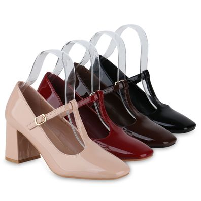 VAN HILL Damen Mary Janes Pumps Klassische Lack Eckige Absatz-Schuhe