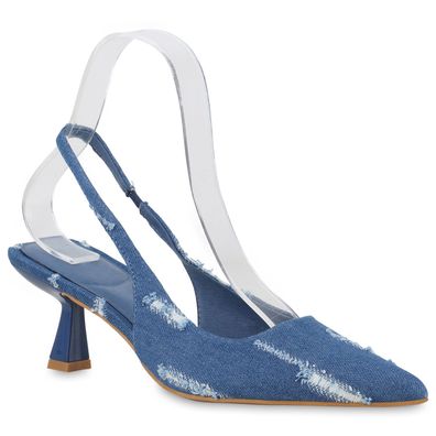 VAN HILL Damen Slingpumps Pumps Spitze Stiletto Denim Fransen Schuhe