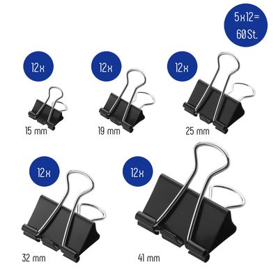 60x Büroklammer Heftklammer Binder Clips Dokumenten Clip Papier Klammer schwarz