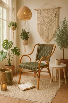 Handgeflochtener Rattansessel Boho-Design Honig & Schlammgrün - wahlweise mit Kissen