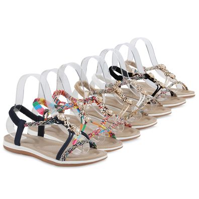 VAN HILL Damen Sandalen Riemchensandalen Zierperlen Strass Schuhe 840101