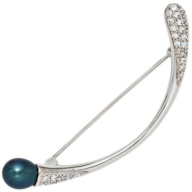 Brosche 925 Sterling Silber rhodiniert mit Zirk. Silberbrosche Perlenbrosche