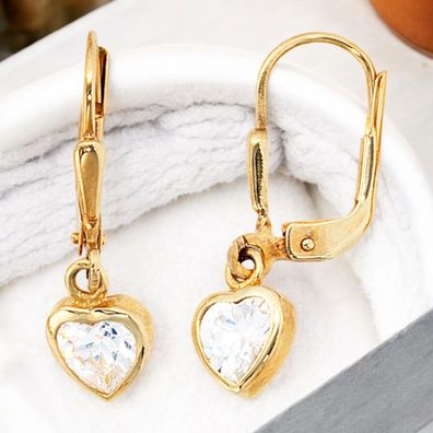 Kinder Boutons Herz Herzen 333 Gold Gelbgold 2 Zirk. Ohrringe Ohrhänger