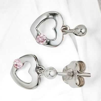 Kinder Ohrhänger Herz 925 Silber 2 Zirk. rosa rosé Ohrstecker Ohrringe