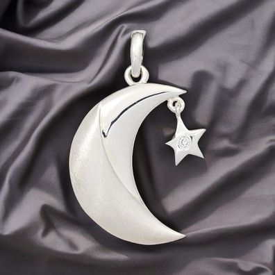 Anhänger Mond 925 Sterling Silber rhodiniert mattiert 1 Zirkonia