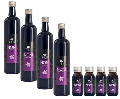 NUI Noni Original Saft Sparpack 4x 750ml Glasflasche + 4x 60ml NUI NONI Shot gratis